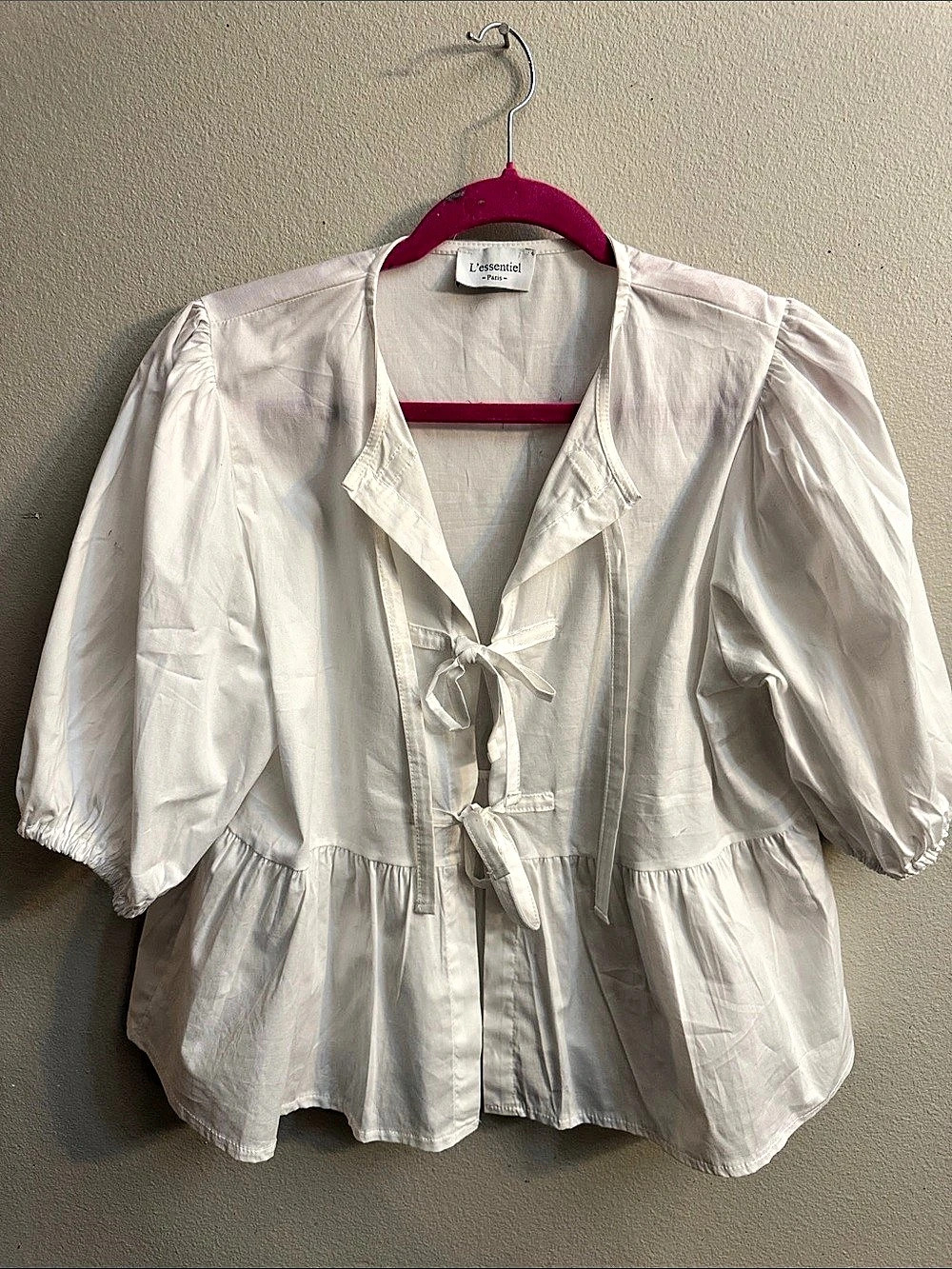 L'essentiel White Tie-Front Peplum Blouse Like New